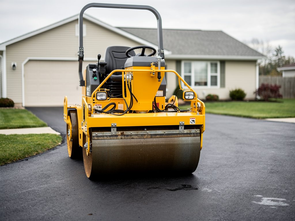 Asphalt road roller compacting a fresh black asphalt driveway in McLean, VA